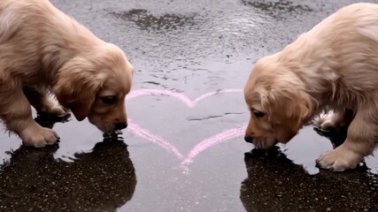 Sweet Golden Retriever Puppies Drinking from Puddle with Heart