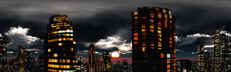 Evening city panorama against a backdrop of clouds, evening skyscrapers, 3D rendering