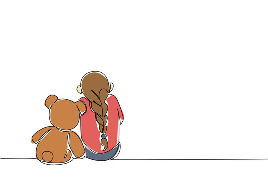 Continuous one line drawing girl sitting bowed on the floor accompanied by teddy bear. Sadness makes the uncomfortable. Childhood Depression Awareness Day. Single line draw design vector illustration