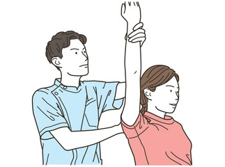 女性患者の腕・肩の施術をする男性整体師