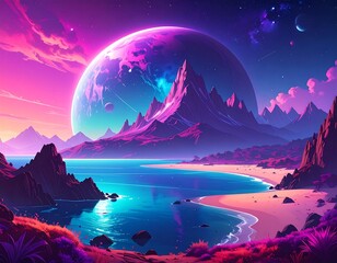 An alien beach under a huge purple planet