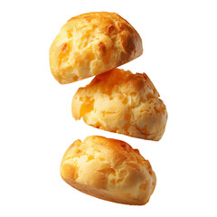 Naklejka na ściany i meble Stack of Brazilian cheesy bread balls with golden crust and holes, isolated on white transparent background, concept of Brazil Pao de Queijo food