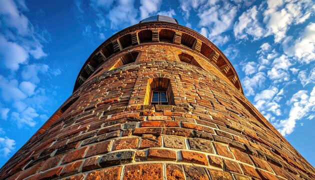 Low Angle View of Tall Brick Tower Under a Partially Cloudy Sky with Visible Textures and Architectural Details against Bright Sunlight