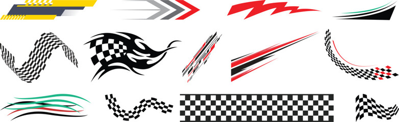 Racing cars and race car stripes set, angled checkered patterns, checkered flag, start and finish line, motocross labels, dynamic lines, motorsport, racing stripe speed, sport decals, tuning stickers 