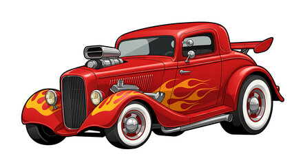 Red Hot Rod Cartoon Car with Flame Graphics – Classic Vintage Muscle Style.red racing car, 2D cartoon illustration of a hot rod car with flames painted on the sides, fast and classic, white background