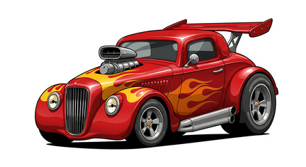 Red Hot Rod Cartoon Car with Flame Graphics – Classic Vintage Muscle Style.red racing car, 2D cartoon illustration of a hot rod car with flames painted on the sides, fast and classic, white background