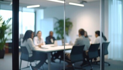 Obraz premium Business people negotiate sit at conference table behind closed glass door at group private meeting.