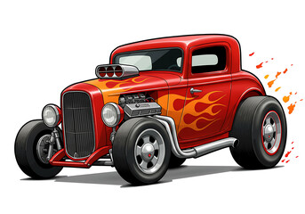 Red Hot Rod Cartoon Car with Flame Graphics – Classic Vintage Muscle Style.red racing car, 2D cartoon illustration of a hot rod car with flames painted on the sides, fast and classic, white background