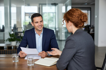A man and a woman sitting at a table talking to each other