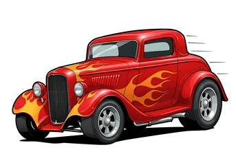 Red Hot Rod Cartoon Car with Flame Graphics – Classic Vintage Muscle Style.red racing car, 2D cartoon illustration of a hot rod car with flames painted on the sides, fast and classic, white background