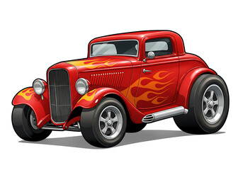 Red Hot Rod Cartoon Car with Flame Graphics – Classic Vintage Muscle Style.red racing car, 2D cartoon illustration of a hot rod car with flames painted on the sides, fast and classic, white background