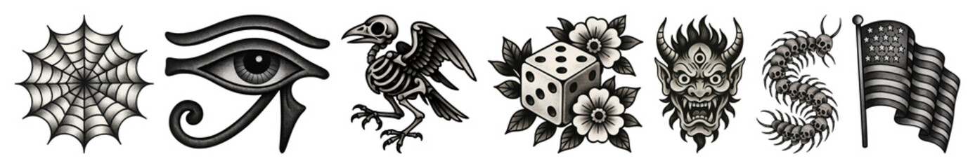 Fototapeta premium PNG Vintage tattoo designs collection, element set on transparent background