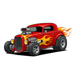 Red Hot Rod Cartoon Car with Flame Graphics – Classic Vintage Muscle Style.red racing car, 2D cartoon illustration of a hot rod car with flames painted on the sides, fast and classic, white background