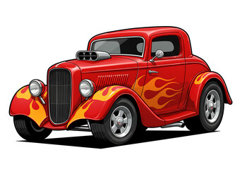 Red Hot Rod Cartoon Car with Flame Graphics – Classic Vintage Muscle Style.red racing car, 2D cartoon illustration of a hot rod car with flames painted on the sides, fast and classic, white background