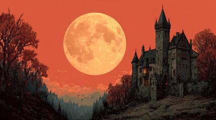 A haunting illustration of a castle under a full moon in a vibrant orange sky