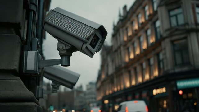 Security camera surveillance urban building exterior with modern technology monitoring safety and protection city environment featuring historic architecture and evening lighting for effective