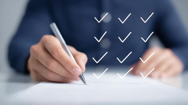 Pen writing on paper with checklist and check mark symbols representing task completion, productivity, and business document management in professional hand writing environment