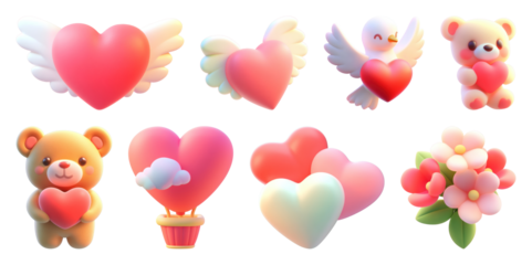 PNG Cute heart-themed 3D illustrations, element set on transparent background