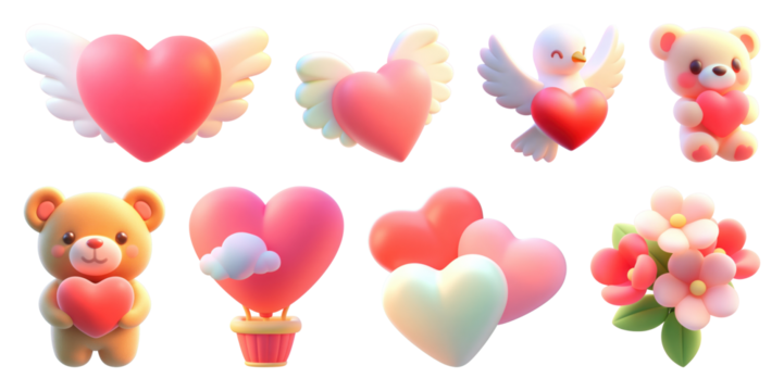 PNG Cute heart-themed 3D illustrations, element set on transparent background