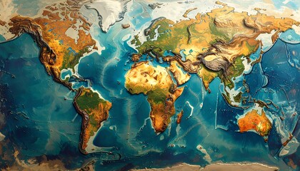 Artistic 3D Relief Map of the World Depicting Continents and Oceans