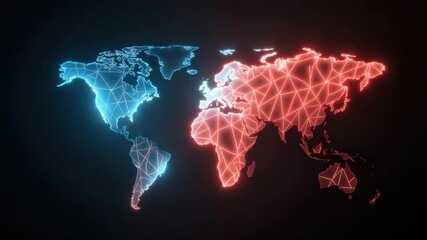 Glowing digital world map with blue and red neon triangular mesh network lines on dark background representing global connection technology vibrant glowing neon light effects futuristic digital map - Powered by Adobe