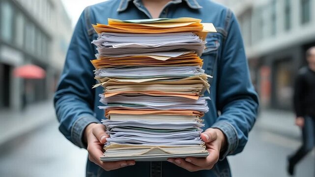 Person holding a large stack of papers outdoors in a denim jacket on a street