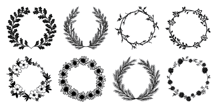 PNG Elegant botanical wreath designs, element set on transparent background