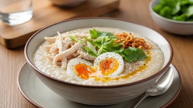 Indonesian Chicken Porridge Bubur Ayam with Boiled Egg and Crispy Toppings