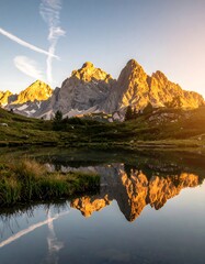 Alpine peaks at sunrise reflected in a clear lake