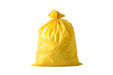 Yellow garbage bag with knotted closure, isolated on a transparent background