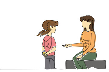 Single continuous line drawing girl holding cupcake behind back and wants to give to mother. Thank you cake for beloved mother. National Give Someone a Cupcake Day. One line design vector illustration