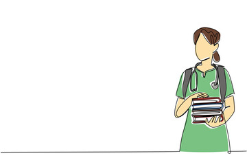 Single one line drawing female student nurse carrying bag and carrying a pile of books. Theory books to apply during internship. National Student Nurse Day. Continuous line design graphic illustration