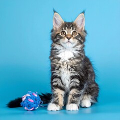 Maine Coon Kitten Gazing with Toy on Blue Background.