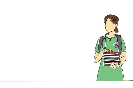 Single one line drawing female student nurse carrying bag and carrying a pile of books. Theory books to apply during internship. National Student Nurse Day. Continuous line design graphic illustration