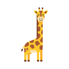 Fototapeta premium Adorable, flat design, cartoon giraffe with a friendly smile, standing on all fours, a charming vector graphic for children's education and zoo themes.
