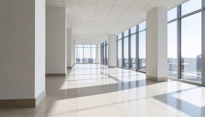 Obraz premium Modern architectural interior with clean white walls, tiled floor, glass facade