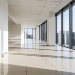 Fototapeta premium Modern architectural interior with clean white walls, tiled floor, glass facade