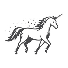 Obraz premium Unicorn Galloping Silhouette with Stars, Fantasy, Vector, and White Background