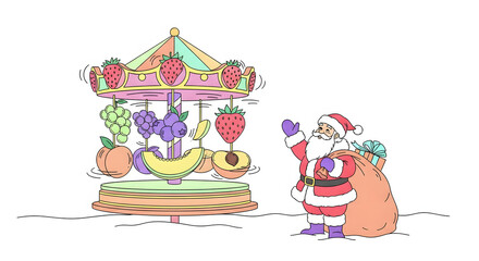 Whimsical christmas carousel with colorful decorations and santa claus holding a gift bag isolated on white background