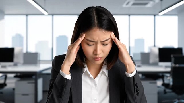 頭痛に耐える若い女性、オフィスで苦悶