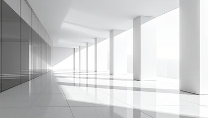 Fototapeta premium Modern architectural interior with clean white walls, tiled floor, glass facade