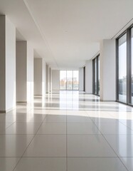 Obraz premium Modern architectural interior with clean white walls, tiled floor, glass facade