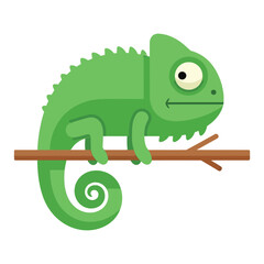 Naklejka premium Vibrant Green Cartoon Chameleon with Swirling Tail Perched on a Branch, Flat Design Style, Whimsical Animal Character for Educational or Playful Content