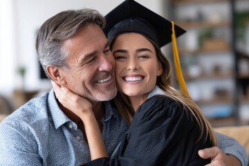 Fototapeta premium A proud father embraces his smiling daughter, who is wearing a graduation cap and gown, celebrating her academic achievement.