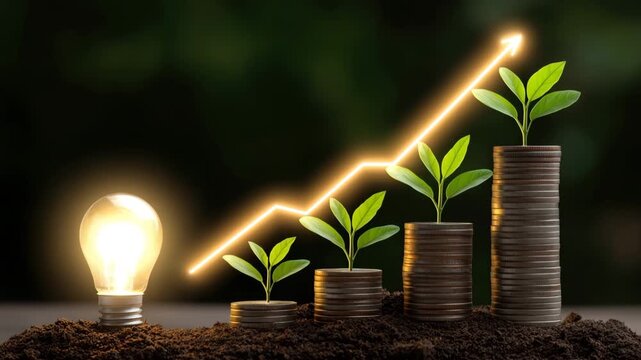 Growing plant on stacked coins with glowing light bulb and upward arrow symbolizing financial growth investment money soil and finance for smart money growth and investment success