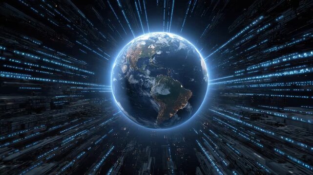 Earth digital globe technology data stream with glowing binary code and futuristic cityscape background symbolizing global connectivity advanced communication digital earth with glowing light rays - Powered by Adobe