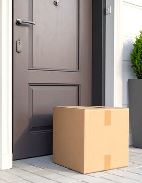 A cardboard box sits at the doorstep of a grey door in sunlight