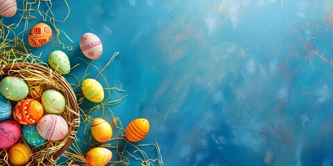 Colorful Easter Eggs in Nest on Blue Abstract Background with Copy Space