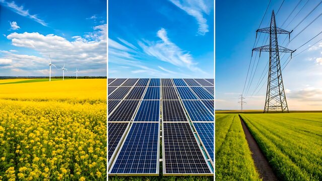 Wind turbines solar panels and power lines representing renewable energy and sustainable electricity
 - Powered by Adobe