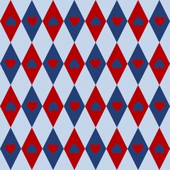 Geometric Argyle Pattern with Red Hearts and Blue Diamonds